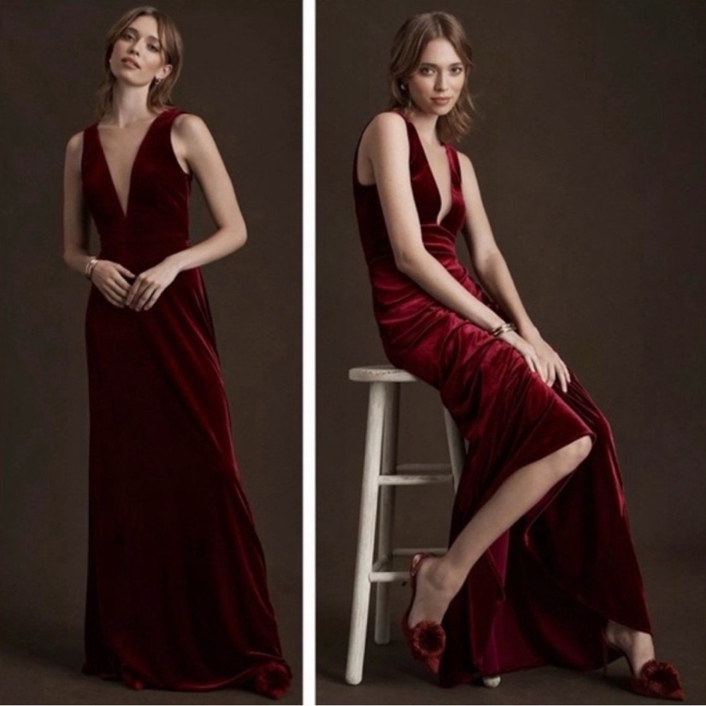 Jenny Yoo Logan Deep V Velvet Column Gown Burgundy Formal Evening Dress 4